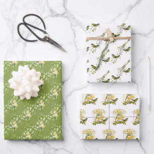 Sortiment von Vogelarten und Blumenblättern Geschenkpapier Set
