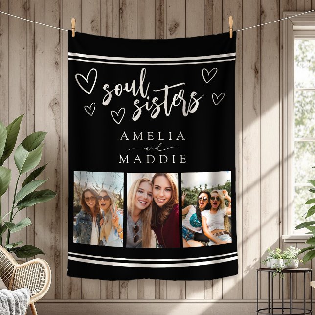 Soul Sisters Foto Collage Schwarz und Weiß Fleecedecke (Soul Sisters Photo Collage Black and White Fleece Blanket)