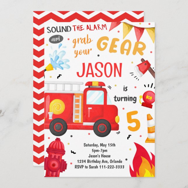Sound der Feueralarm-LKW Geburtstagseinladung Einladung (Vorne/Hinten)