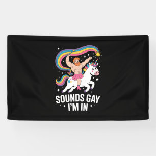 Sound Gay ich bin in Man trage Rock Unicorn LGBTQ Banner