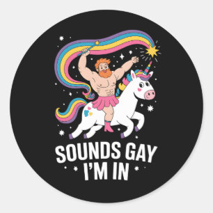 Sound Gay ich bin in Man trage Rock Unicorn LGBTQ Runder Aufkleber