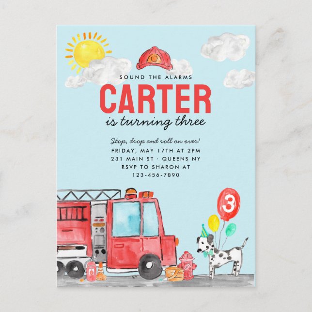 Sound the Alarm Fire Truck Firefighter Birthday Postkarte (Vorderseite)