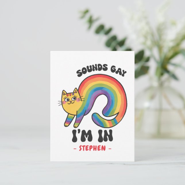 Sounds Gay, I'm In - Rainbow Cat LGBTQ Pride Postkarte (Stehend Vorderseite)