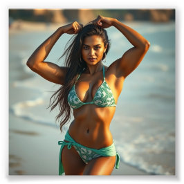 South Asian Fitness Model in Swimwear on Beach Fotodruck