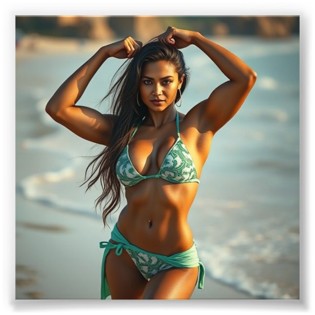 South Asian Fitness Model in Swimwear on Beach Fotodruck (Vorne)