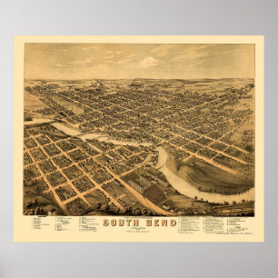 South Bend, IN Panorama Karte - 1874 Poster