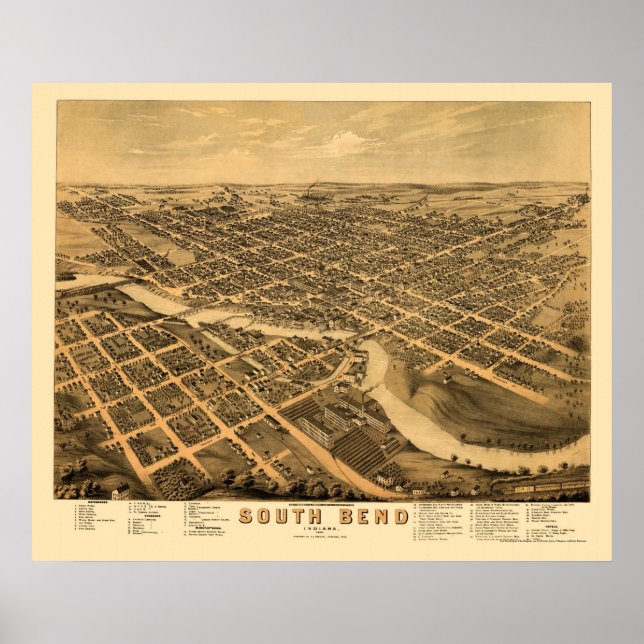 South Bend, IN Panorama Karte - 1874 Poster (Vorne)