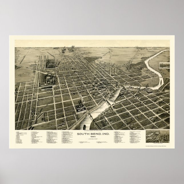 South Bend, IN Panorama Karte - 1890 Poster (Vorne)