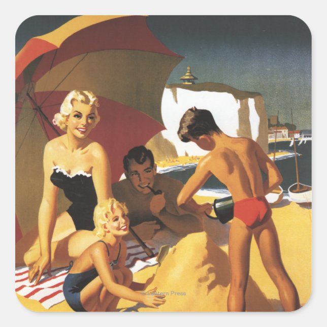 South British Railways Family on Beach Quadratischer Aufkleber (Vorderseite)