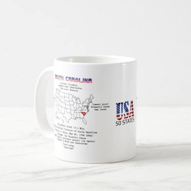 South Carolina American Staat auf einer Karte mit  Kaffeetasse (Vorderseite Links)