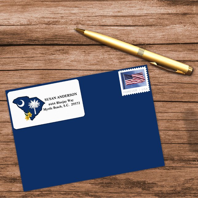 South Carolina Flag + Blume Gelbes Jessamin Adressaufkleber (Von Creator hochgeladen)