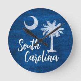 South Carolina Flagge mit Palmetto Tree Blue Runde Wanduhr