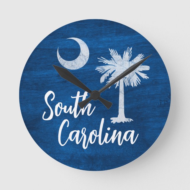 South Carolina Flagge mit Palmetto Tree Blue Runde Wanduhr (Vorderseite)