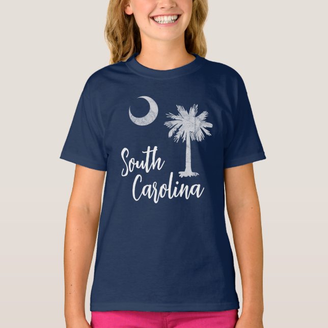 South Carolina Flagge mit Palmetto Tree Blue T-Shirt (Vorderseite)