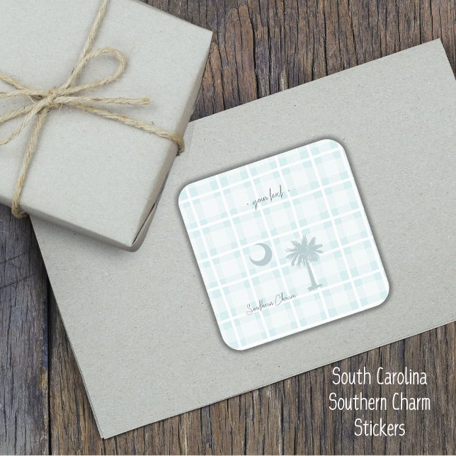 South Carolina Kariert Palm Tree & Moon Quadratischer Aufkleber (Seal your packages & envelopes with these personalized stickers. South Carolina flag, Southern Charm)