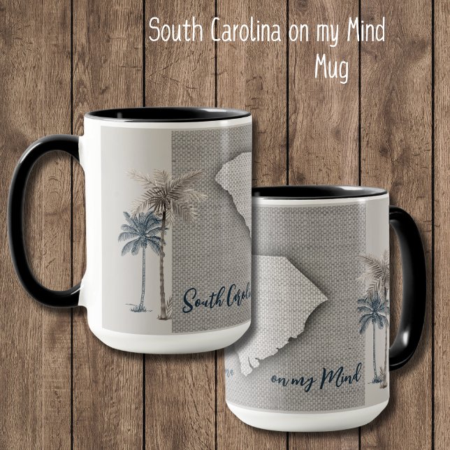 South Carolina Palm Tree Linen Tasse (South Carolina on my Mind mug. A unique design of linen, SC outline, and palm trees. Perfect gift!)