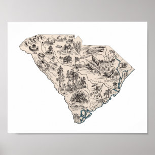 South Carolina Vintage Picture Map Poster