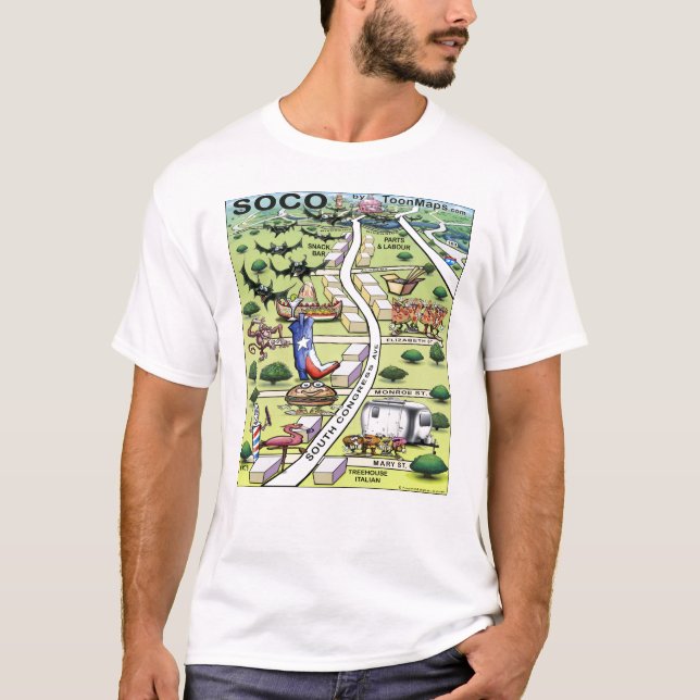 South Congress Ave ATX Cartoon Map T-Shirt (Vorderseite)