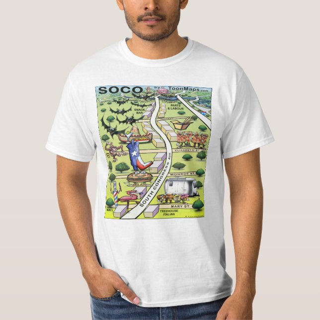 South Congress Ave ATX Cartoon Map T-Shirt (Vorderseite)