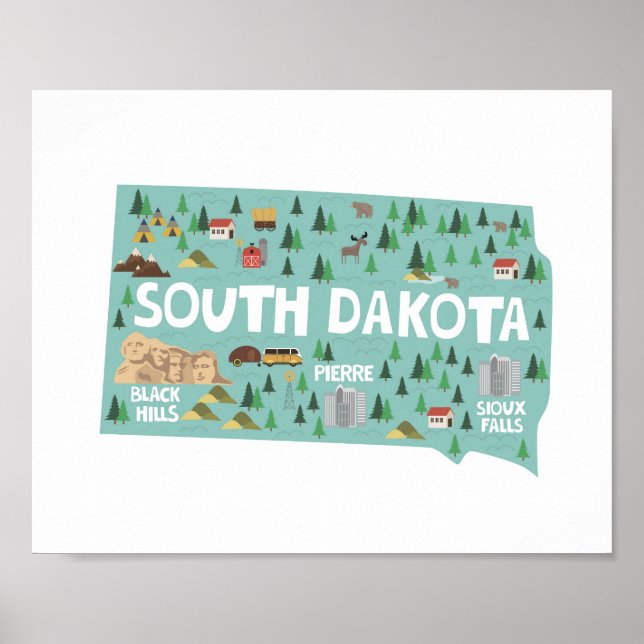 South Dakota Icon Landmarks Map Poster (Vorne)