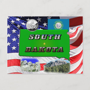 South Dakota Karte, Foto Text, Faux Quarter & Flag Postkarte