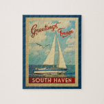 South Haven Jigsaw Puzzle Sailboat Retro Michigan<br><div class="desc">Dieses Greetings From South Haven Michigan Vintage Reise nautische Design verfügt über ein Boot auf dem Wasser mit Möwen und einen blauen Himmel gefüllt mit prächtigen puffigen weißen Wolken.</div>