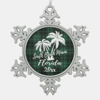 South Miami Beach Florida Palm Green Kariert Schneeflocken Zinn-Ornament