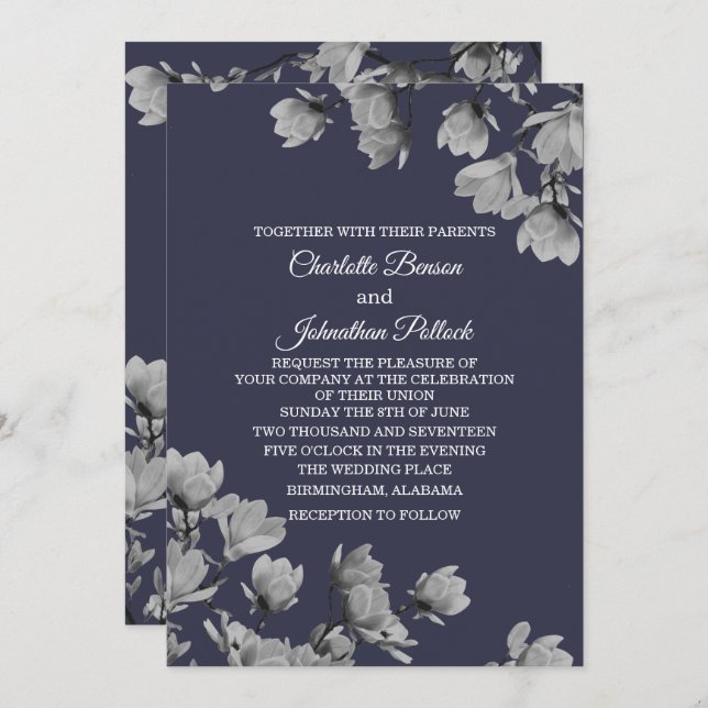 Southern Gray Magnolias & Midnight Blue Wedding Einladung (Vorne/Hinten)