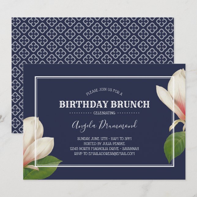 Southern Magnolia Birthday Brunch Blue Einladung (Vorne/Hinten)