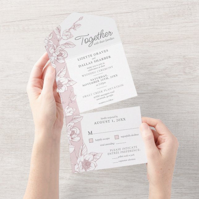 Southern Magnolia Blossom Blush Bloral Wedding All In One Einladung (Abreißen)