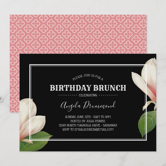 Southern Magnolia Geburtstag Brunch Black Einladung (Vorne/Hinten)