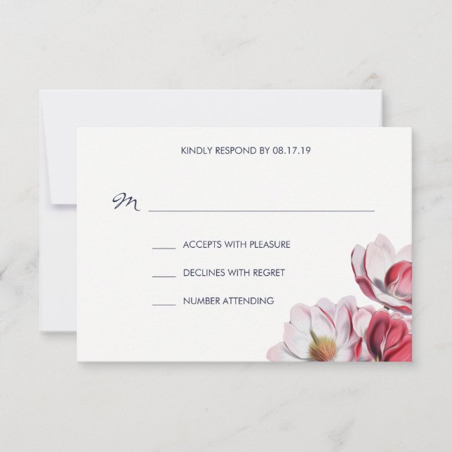 Southern Magnolia Wedding Midnight Blue RSVP Karte (Vorderseite)