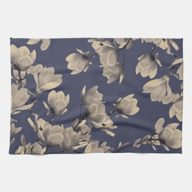 Southern Magnolias & Midnight Blue Floral Geschirrtuch (Horizontal)
