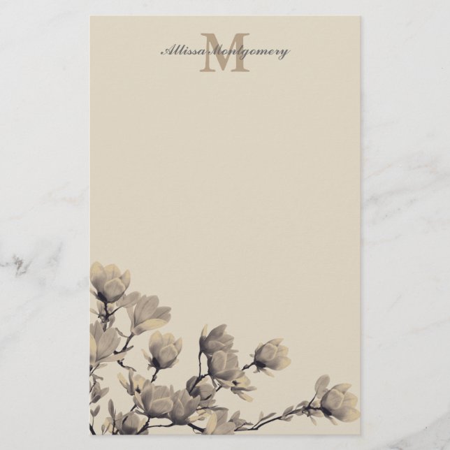 Southern Magnolias & Taupe Name & Initial Briefpapier (Vorderseite)