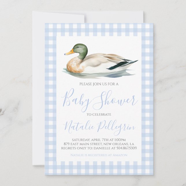 Southern Mallard Duck Blue Gingham Baby Shower Einladung (Vorderseite)