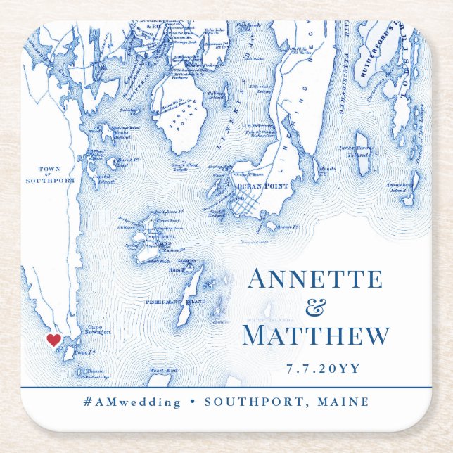 Southport Boothbay Maine Map Wedding Cocktail Hour Rechteckiger Pappuntersetzer (Vorderseite)