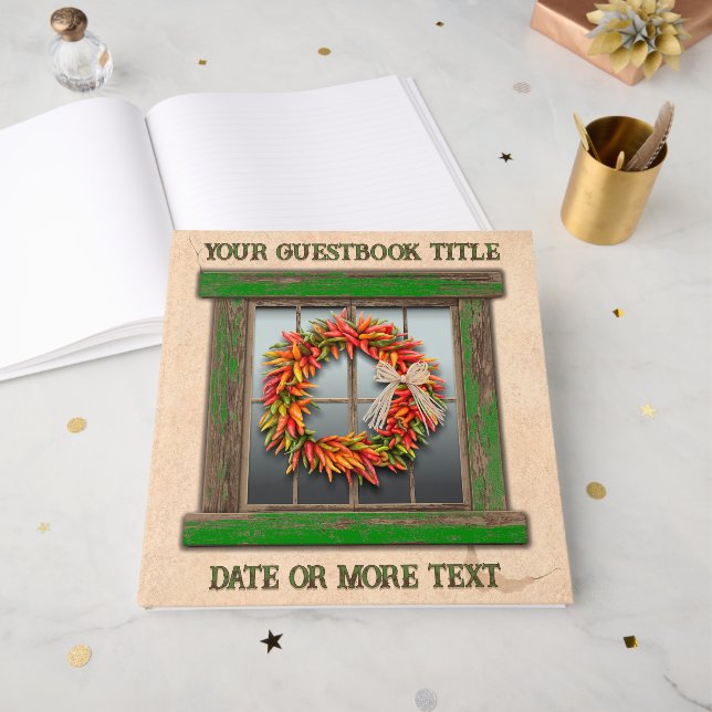 Southwest Chile Pepper Wreath Window Personalized  Gästebuch (Vorderseite offen)