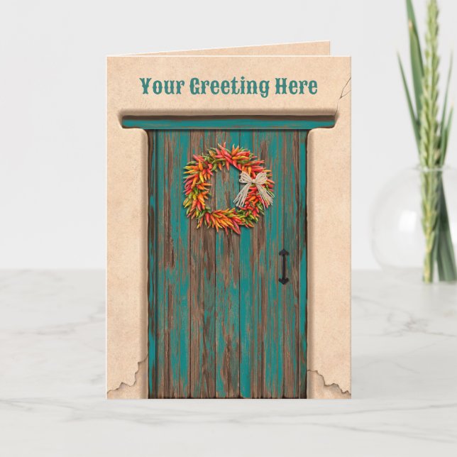 Southwest Chile Ristra Wreath on Rustic Blue Door Karte (Vorderseite)