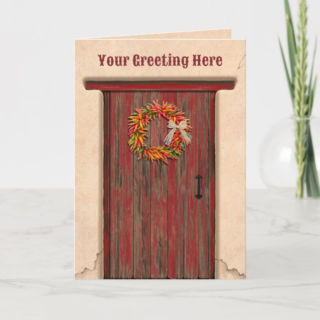 Southwest Chile Ristra Wreath on Rustic Red Door Karte (Vorderseite)