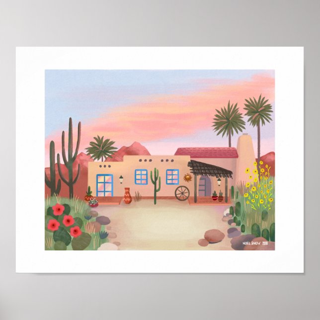 Southwest Desert Cactus Adobe House Art Print Poster (Vorne)