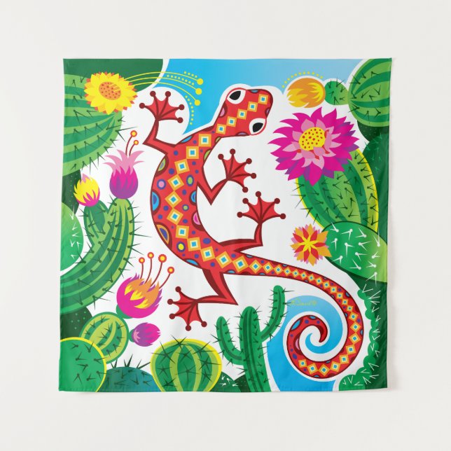 Southwest Gecko with Cactus Blossoms Wandteppich (Vorderseite)