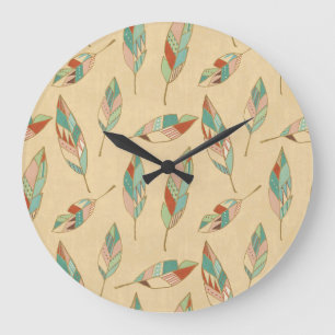 Southwest Geo Step   Coral Feather Pattern Große Wanduhr