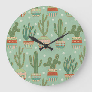 Southwest Geo Step   Potted Cactus Pattern Große Wanduhr
