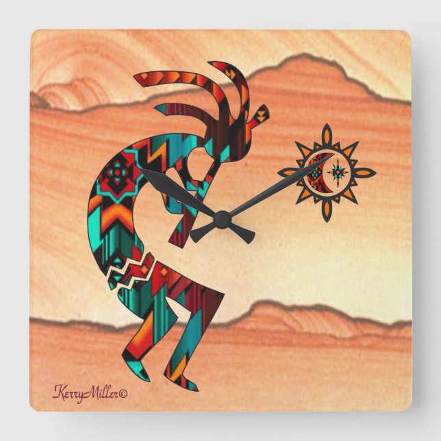 Southwest Kokopelli Square Wallclock Quadratische Wanduhr (Vorderseite)