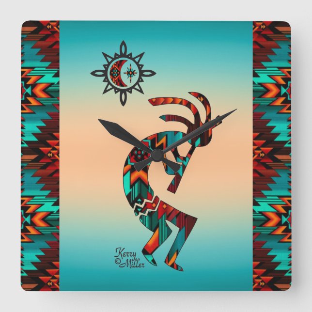 Southwest Kokopelli Square Wallclock Quadratische Wanduhr (Vorderseite)