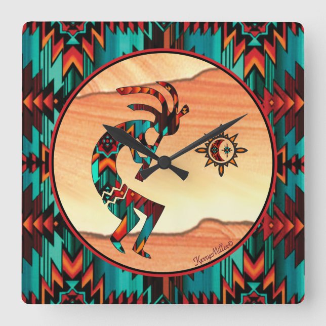 Southwest Kokopelli Square Wallclock Quadratische Wanduhr (Vorderseite)