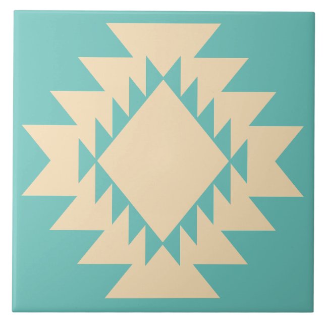 Southwest Native American Geometric Turquoise Tan Fliese (Vorderseite)