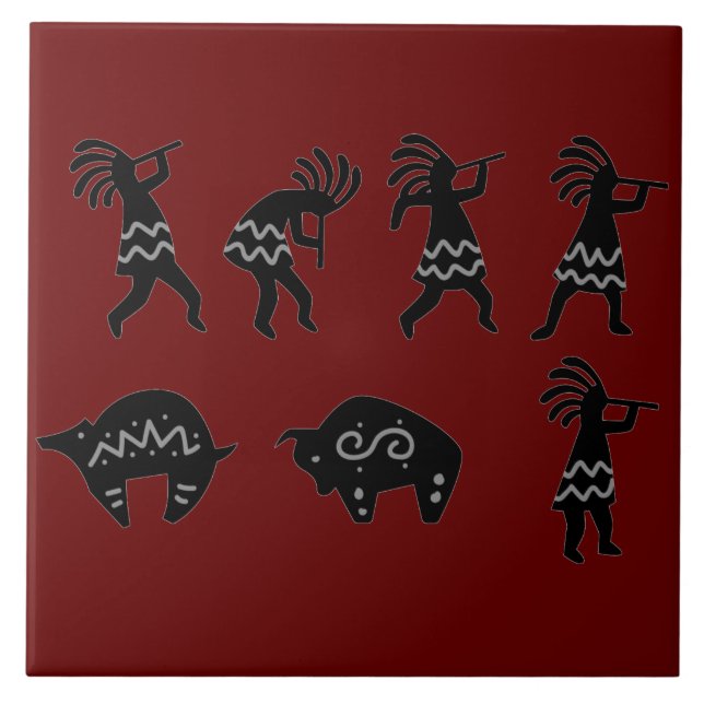 Southwest Petroglyh Dark Red Kokopelli Fliese (Vorderseite)