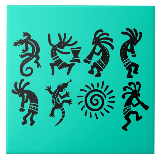 Southwest Petroglyph Kokopelli Turquoise Fliese (Vorderseite)