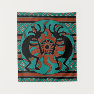 Southwest Turquoise Tribal Sun Kokopelli Wandteppich